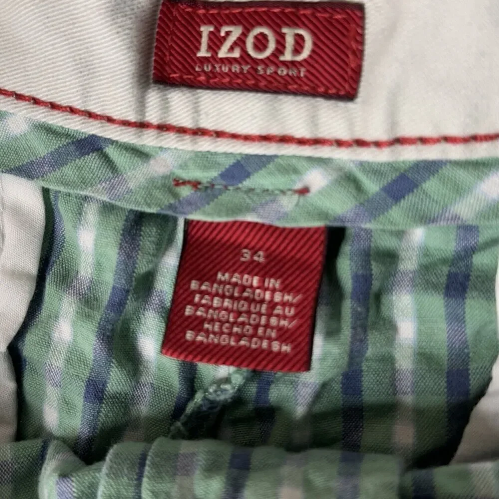IZOD Men 34 Shorts Green Seersucker Plaid Luxury Sport Chino Golf Flat 9